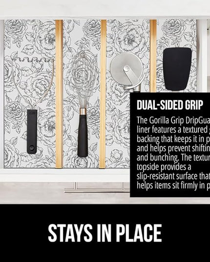 GORILLA GRIP DripGuard Shelf Liner, Non Adhesive Drawer and Kitchen Cabinet Protector, 24x240 Inch, Slip Resistant BPA Free Smooth Surface Plastic Liners for Cabinets, Bathrooms, Closets, Floral Gray