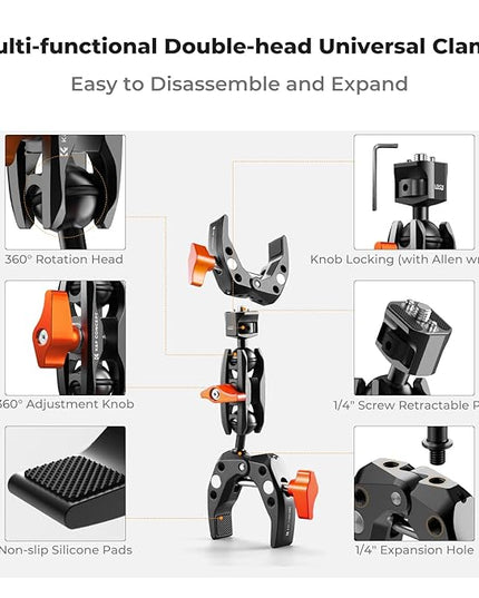 K&F CONCEPT Double Super Clamp Camera Mount with 1/4" Threads Metal Clamp for Chair, Pole, Tripod, Desk, Flag, Umbrella, Motorcycle Mount