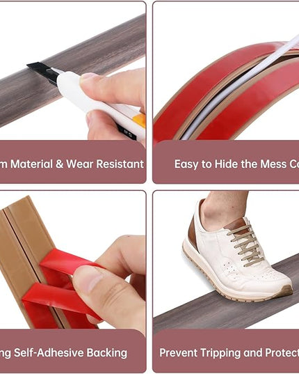 Floor Cord Cover Self Adhesive Cord Hider Floor Extension Cord Covers for Floor Power Cord Protector Cable Management Prevent Cable Trips Cable Cavity 0.47" W x 0.27" H (Brown Walnut Wood, 20Ft)
