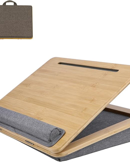 SUMISKY Adjustable Lap Desk-Portable Laptop Stand with Cushion, Bamboo Platform with Phone Holder, Wrist Pad Fits up to 15.6 Inch Laptops