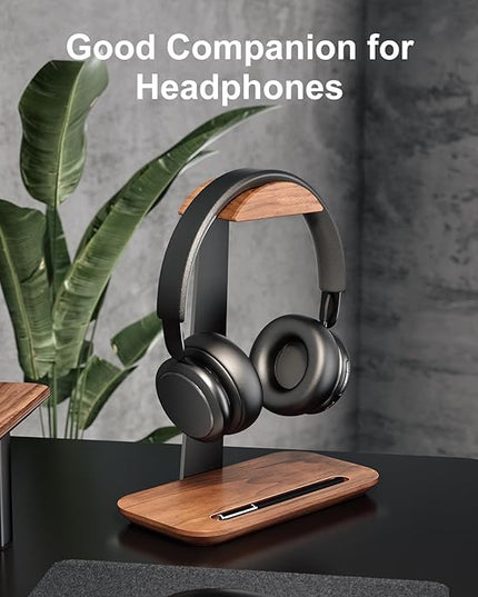 UPERGO Walnut Headphone Stand, Wood Headset Stand for Desk, Universal Headphone Holder with Storage Base for Gaming, Airpod max, Bose,Razer