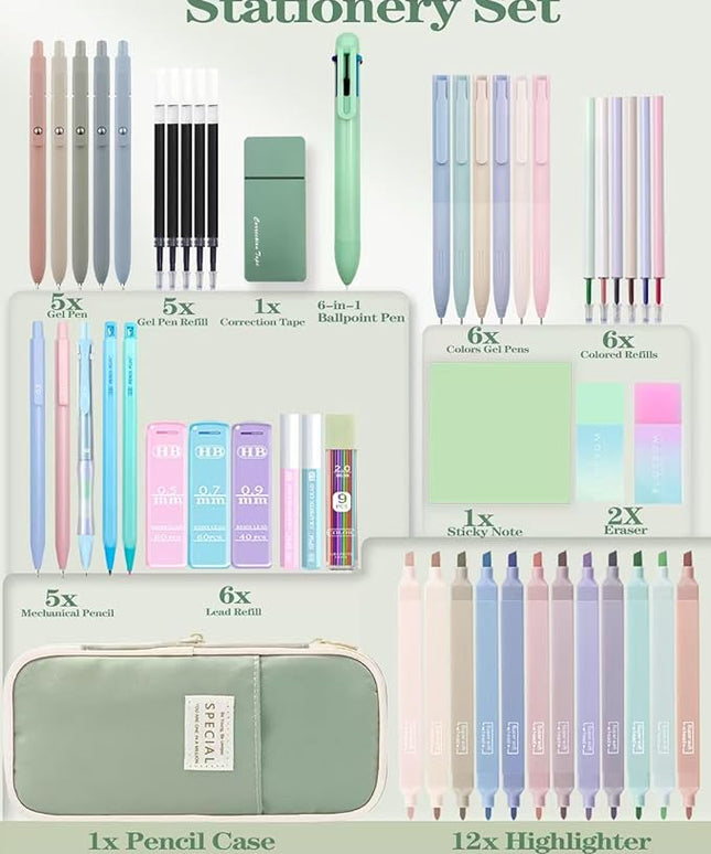 54PCS Aesthetic School Supplies with Large Pencil Case,12 Pastel Highlighters,5 Black & 6 Color Ink Gel Pens, 6-in-1 Ballpoint Pen,5 Mechanical Pencils 0.5-2.0mm Student Essentials (Green)