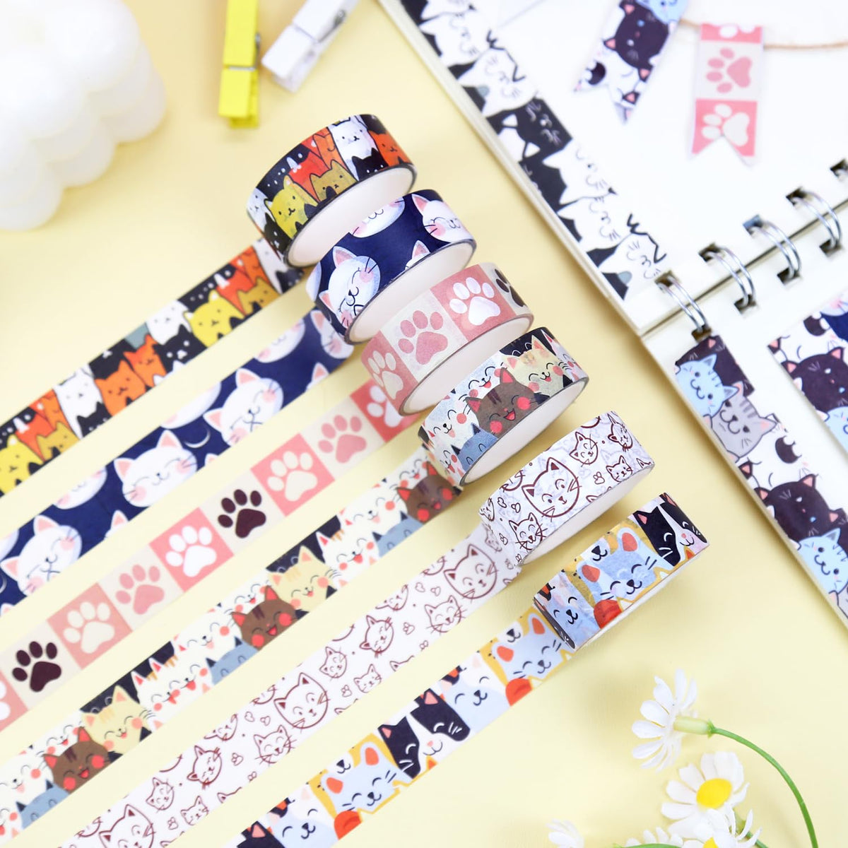 NIKOMIE Cute Washi Tape Set, 12 Rolls Kawaii Cat Decorative Tape Cartoon Cat’s Paw Masking Tape for Journaling Supplies, Junk Journal, Scrapbooking, DIY Arts & Crafts, Planners, Gift Wrapping