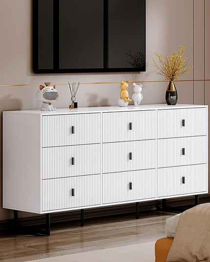 Chrangmay Modern Chest of Drawers with 9 Drawers,Deep Drawers,Clothes Organizer,Large Storage Cabinet for Living Room, Bedroom,Hallway,with Anti-Tipping Device, White