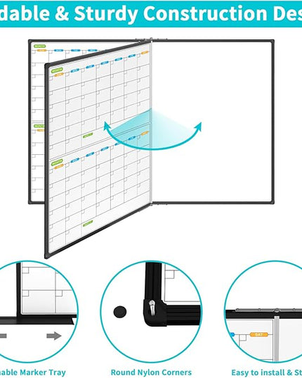 JILoffice Magnetic Foldable Dry Erase Calendar Whiteboard Combo, 2 Month Calendar Board & White Board 72 X 40 Inch, Black Aluminum Frame Wall Mounted Board for Office Home and School