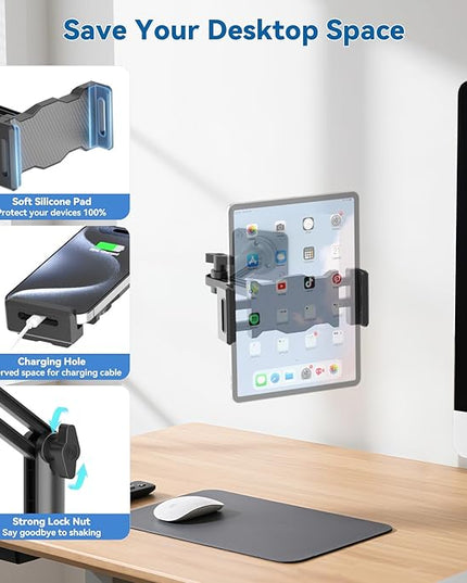 KDD Tablet Wall Mount Holder, Adjustable Extendable Arm iPad Wall Stand with Sturdy Metal Base, 360°Rotating Phone Tablet Bracket Fits iPad Pro Air Mini, Galaxy Tab, All 4.7-13" Phones and Tablets