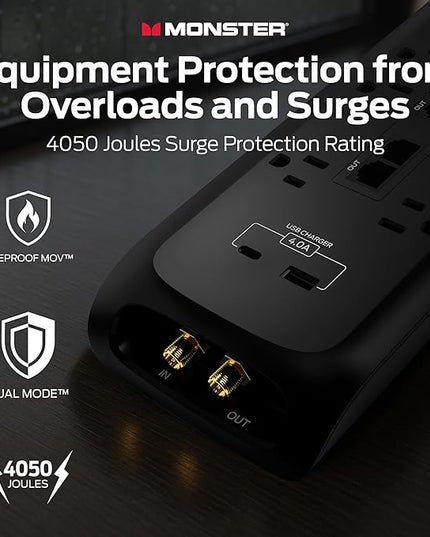 Monster Power Surge Protector w/ 4050 Joule Rating — Heavy Duty 6 FT Surge Protector Power Strip w/ 10 Outlets, 2 USB, 2 Coax, 2 Ethernet Ports — Fireproof MOV, Dual Mode, Clean Tech (Black)