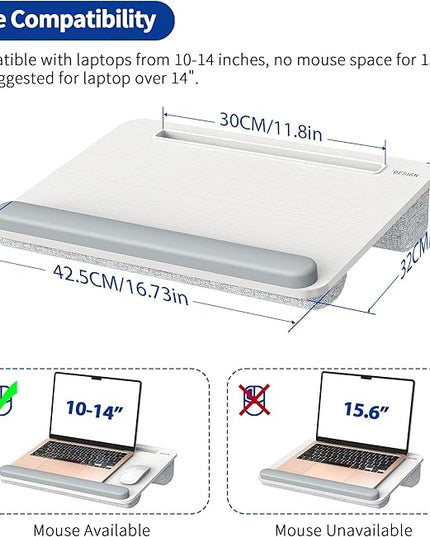 Besign LT08 Laptop Stand, Portable Lap Desk with Pillow Cushion, Fits up to 14 inch Laptop, with Anti-Slip Strip for Desk, Sofa & Bed, White and Gray