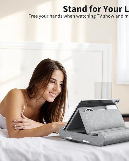 CreaDream Tablet Pillow Stand, Foldable Tablet Holder for Lap, Bed and Desk, Soft Pillow Pad with Pocket and Stylus Mount, for 4-13" Tablets, Like iPad Pro 11, 13, Air, Mini, Kindle, Galaxy Tab, Grey