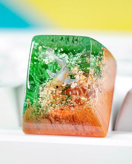 Kohaku Koi Fish Artisan Keycap Orange and Green Ocean Coral Reef R1 SA Profile Custom Keycaps 1U ESC Handmade Gaming Resin Key Cap Cherry MX Switch Compatible Mechanical Keyboard Koi Lover Gift