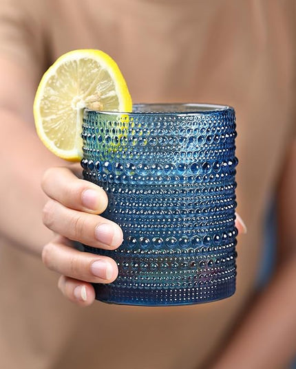 Hobnail Drinking Glasses Set of 6,12oz Blue Vintage Glassware,Cocktail Glasses,Embossed Glass Cups,Water Tumbler for Whiskey, Juice and Various Mixed Drinks