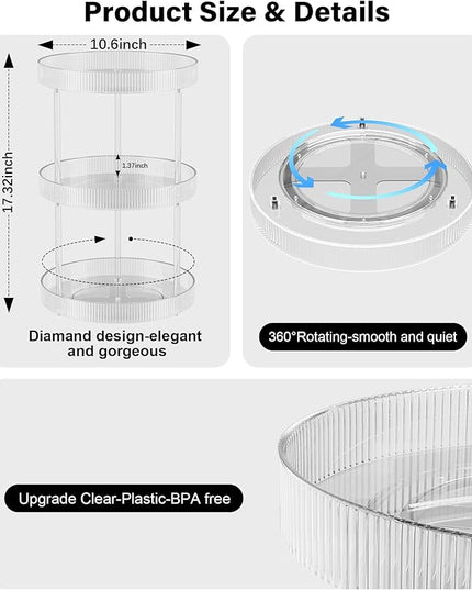3 Tier Lazy Susan Bathroom Countertop Organizer, 360° Clear Rotating Makeup Cosmetic Perfume Storage Tray, Spinning Vanity Organizer Shelf for Bathroom Cabinet, Dresser, Kitchen(Large)