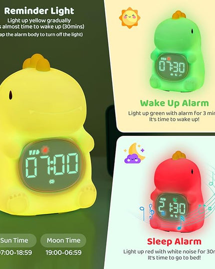 Dinosaurs Alarm Clock with Night Light for Kids with Sleep Training and Sound Machine, Rechargeable Silicone Lamp OK to Wake Clock，Cute Animal Tabletop Lamp, Perfect Sleep Companion for Boys Girls
