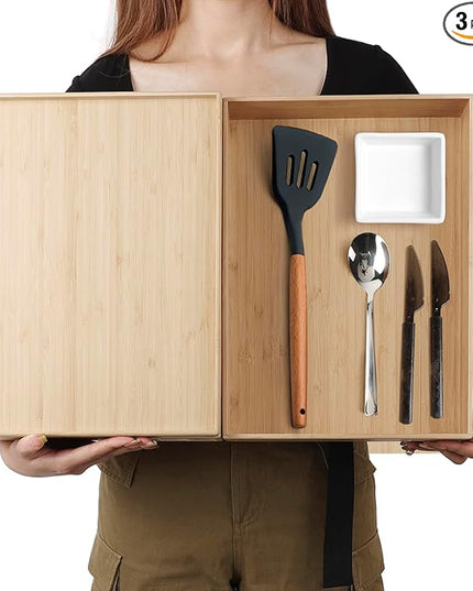 Stackable Bamboo Drawer Organizer Set – 2 Boxes with 1 Lid | Wood-Laminated Trays for Kitchen Utensils, Silverware & Flatware – Fits Cabinets, Pantry, Bathroom & Office | 14.6"x10.2" (2-Pack)