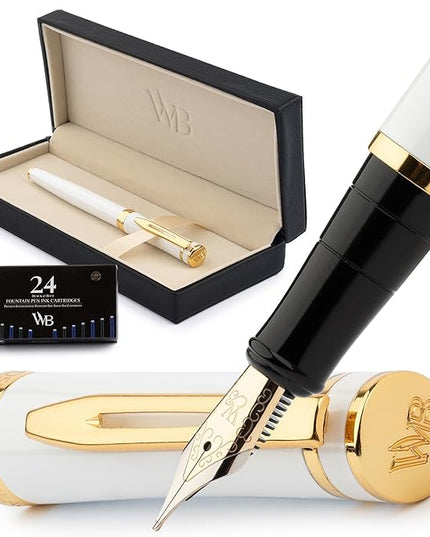 Wordsworth & Black Fountain Pen Set, 18K Gilded Medium Nib, Includes 24 Pack Ink Cartridges, Ink Refill Converter & Gift Box, Gold Finish, Calligraphy, [White Gold], Perfect for Men & Women