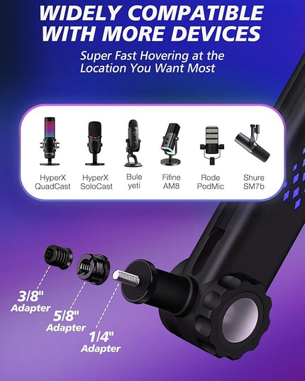 YOUSHARES Microphone Stands Compatible with Blue Yeti，HyperX，FIFINE AM8，Shure Mic，Rode PodMic and Most Microphones，Mic Boom Arm with Sound-Activated Lighting & App Control