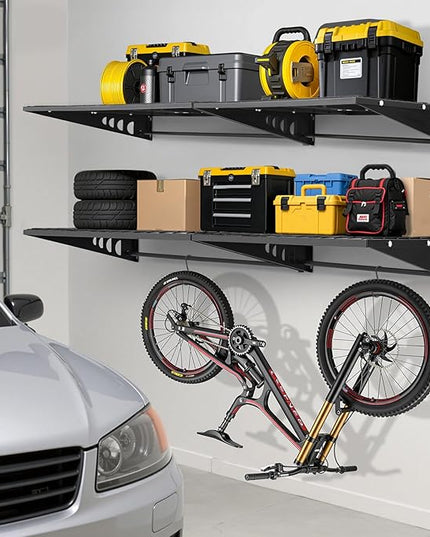 Garage Shelving 2x3ft 4-Pack, Garage Storage Rack 24"x36" Metal Shelves Black Wall Mounted with rods & 6 Hooks, Heavy Duty Wall Shelving Floating Shelves, 1200lbs Total load Capacity