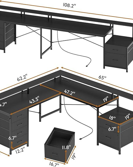 SEDETA L Shaped Desk with 6 Drawer, 108" Home Office Desk with File Drawer & Power Outlet, Corner Computer Desk with Monitor Shelf, File Cabinet, Two Person Desk, Gaming Desk with Led Lights, Black