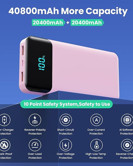 Portable Charger 40800mAh Power Bank with 3 Built-in Cables,PD 25W USB C in&Out Power Bank Fast Phone Charging,QC4.0 5 Output Travel Camping Essential Battery Pack for iPhone 17/16,Samsung etc-Peach