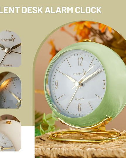 FLOITTUY Silent Table Analog Alarm Clock No Ticking, Lighted on Demand and Battery Operated, Beep Sounds, Small Desk Clock(Green)