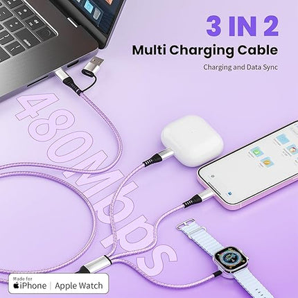 Travel Essentials, 3 in 2 USB A/C Cable to iPhone 17 Charger/Apple Watch Charger/Lightning, Braided Multi Charging Cable Cord, RV Camping Essentials, Designed for iWatch Series & iPhone17-11/iPad-5FT