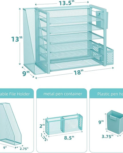 Simple Trending 6 Tier Desk File Organizer, Paper Letter Tray Organizer with File Holder and Pen Container, Blue