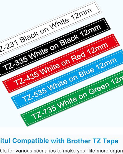 5 Multicolor TZ Tapes Replacement for Brother P Touch Label Tape TZe 12mm 0.47 Laminated Colored Tape TZe 231-735 White/Black/Red/Blue/Green for Brother Ptouch PTD210 PTP300BT PTD600 PT1280