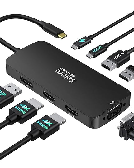 USB C Docking Station Dual HDMI Monitor Adapter, Selore USB C Hub 3 Monitors with Dual HDMI, Displayport, VGA, 100W PD Charging, 3USB 2.0 Ports Adapter for Dell XPS,HP, Lenovo,etc(Black)