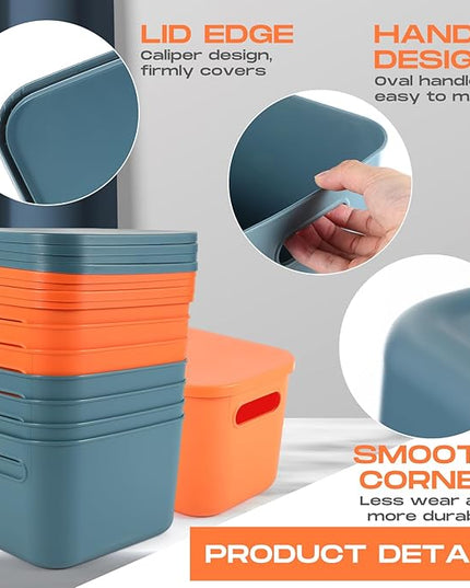 Hoolerry 8 Pieces Colorful Storage Bins with Lid, Plastic Storage Basket Organizing Container Stackable Box with Handle for Shelves Desktop Playroom Office(10.2 x 7 x 6.3 Inch,Blue and Orange)
