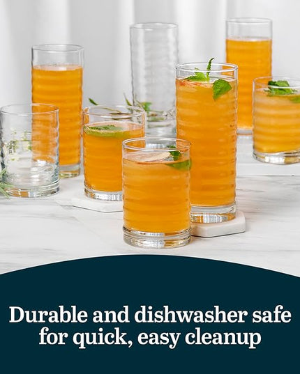 Libbey Pueblo Tumbler and Rocks Glass Set, Wavy and Groovy Drinking Glasses Set, Dishwasher Safe Glasses Drinking Set of 16 for Everyday Family Meals
