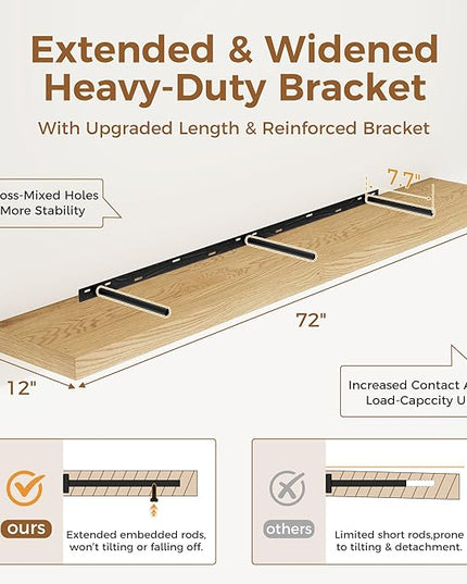 Fun Memories 72 Inch Floating Shelf, 12 Inch Deep Wall Shelf for Fireplace Mantel, Deep Storage Shelves for Home & Office, Wall Shelves with Invisible Bracket, Oak, Set of 1