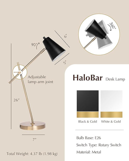 HarvestLand HaloBar Brass Desk Lamp Home Office – Black Industrial Table Lamp with Solid Base for Office, Reading Lamps for Bedside Table, Study and Reading Task Lamp, Gifts for Men