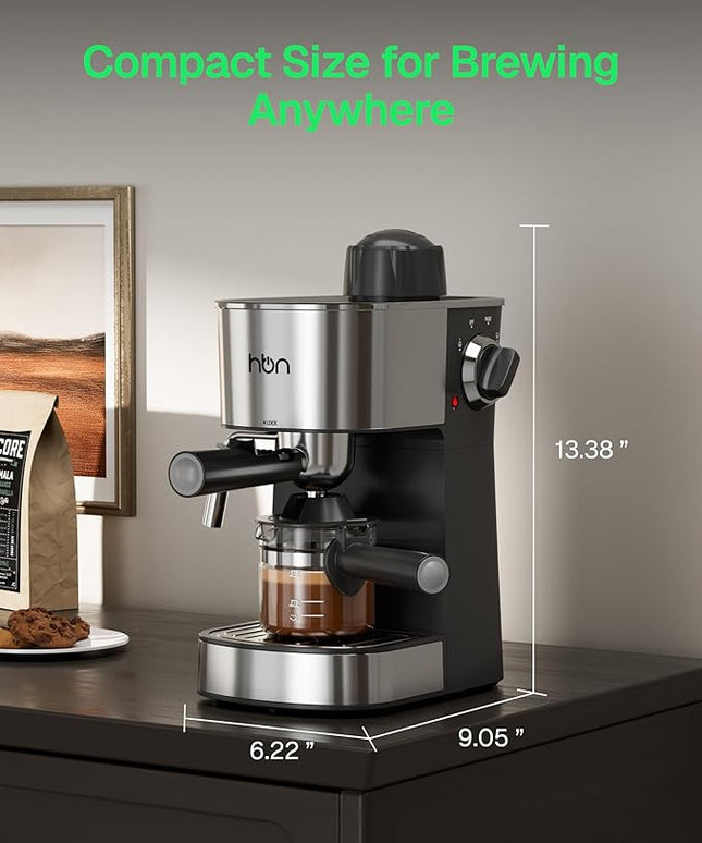 HBN Espresso Machine, 3.5Bar Cappuccino & Latte Maker, 2-4 Cup Stainless Steel Coffee Machine with Milk Frother, 800W Espresso Machine Maker with Steamer, Compact Coffee Maker for Home and Office