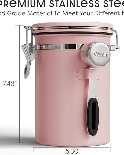 Veken Coffee Canister with Window, Airtight Stainless Steel Kitchen Food Storage Container with Lids, Date Tracker and Scoop for Grounds Coffee, Beans, Tea, Flour, Cereal, Sugar Jars, 22OZ, Pink