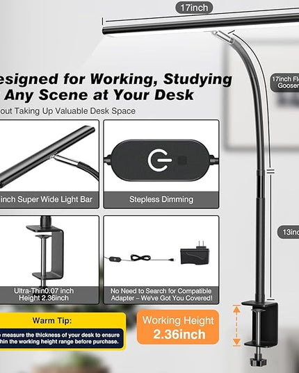 LED Desk Lamp for Office Home, Eye-Caring Desk Light with Stepless Dimming Adjustable Flexible Gooseneck, 10W USB Adapter Desk Lamp with Clamp for Reading, Study, Workbench (Black)