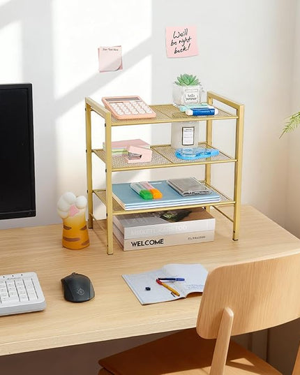 Desktop Shelf Organizer, 3-Tier Office Storage Rack, Adjustable Metal Bookshelf for Top of Desk, Desk Organizer for Office, Home, Dorm and Small Spaces (Gold)