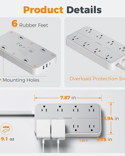 TESSAN Flat Plug Extension Cord 6 FT, Surge Protector Power Strip with 8 AC Outlets 3 USB (1 USB C), 1080 Joules, 1875W 15A, Multiple Wall Outlet Extender Station for Home Office School Dorm