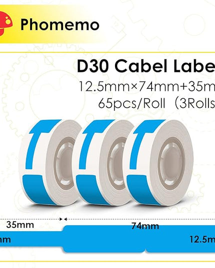Phomemo D30 Cable Labels Colorful Waterproof Wire Cord Labels, (12.5mm X 74mm) 65 Labels/Roll, Tags Stickers Tear Resistant Flexible, Phomemo d30 Label Tape -Black on Blue Paper, 3 Roll
