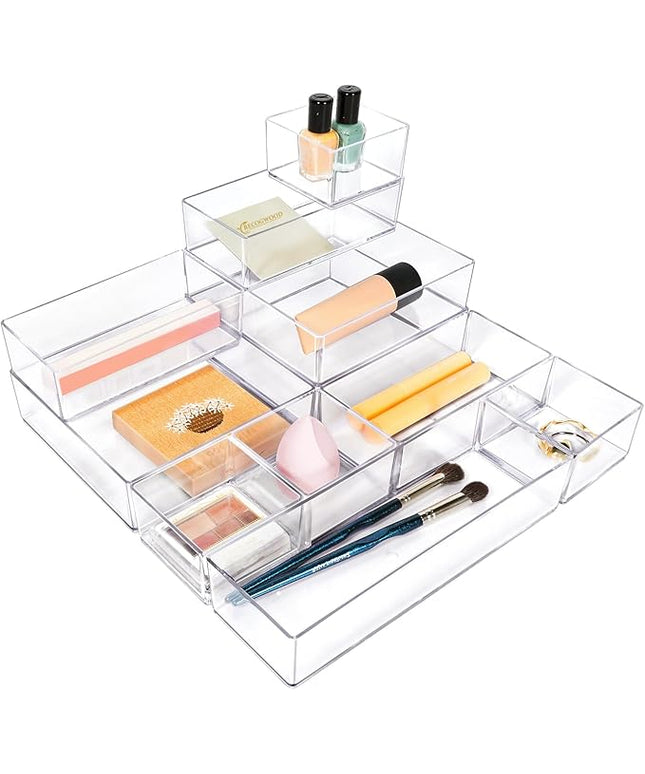 Stackable Acrylic Drawer Organizer Set, 11 PCS Multi-Size Storage Bins for Makeup, Office Desk, Bathroom, Vanity and Kitchen Utensils