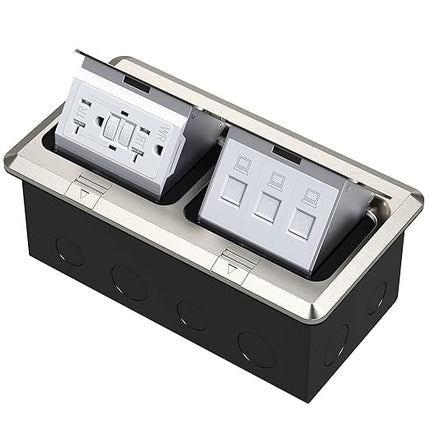 KYHSHJ Dual Pop-Up Floor Electrical Outlet Box Kit，20 Amp Stainless Steel GFCI TR Receptacle Outlet，3-Port RJ45 Datacom Receptacle，Waterproof Gasket with IP44 Waterproof Rating, Stainless Steel Color