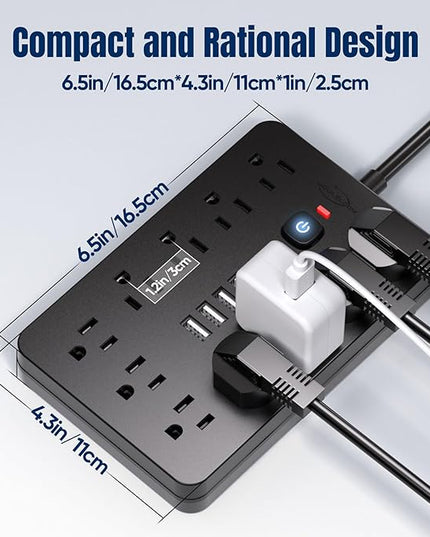 20 FT Flat Plug Surge Protector Power Strip,11 Multiple AC Outlets with 6 USB Ports (2 USB C), 20 Feet Extension Cord, 1250W/10A, One Touch Switch Button, 17 in 1 Compact powerstrip