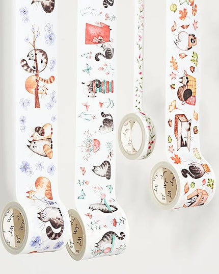 WT Chonky Cat Washi Tape Sticker Set, 4 Rolls, Original Designs, Watercolor Cute Cat Decorative Sticker, Kiss-Cut Craft Sticker, Bujo Planner Supplies, Journals Gifts, DIY Paper Sticker