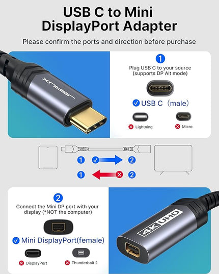 JSAUX USB C to Mini DisplayPort Adapter 4K@60Hz, Type C to Mini Display Port(Not for Thunderbolt 2) Cable, Compatible with MacBook Pro 2019 2018, Dell XPS, Samsung Galaxy S21 S20 Plus-Grey