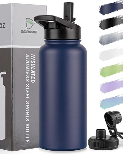 DOMICARE 32 oz Insulated Water Bottle, Vacuum Insulated Stainless Steel Sports Water Bottle with Straw Lid & Spout Lid, Leakproof, Reusable - Travel, Camping, Bike, Navy Blue