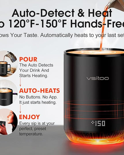 Vsitoo S3 12oz Heated Mug - Temperature Control Smart Mug with Mug Warmer, Perfect for Espresso, Auto-Sensing AI Heats Drinks to 120-150°F Hands-Free.Ideal for Home/Office/Gifts，Black