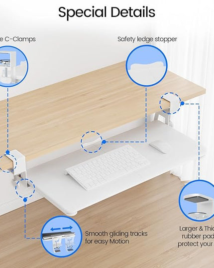 NearHub Large Keyboard Tray Under Desk Slide Out with Extra Sturdy C Clamp Mount System,26'' (30'' including Clamps) x11 Slide-Out Keyboard Drawer Under Desk for Typing,Keyboard Mouse Tray,White