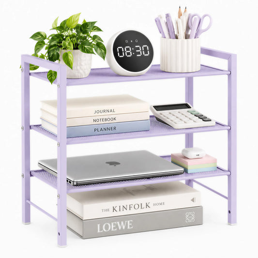 Becomrock Adjustable Desktop Bookshelf, Metal Desk Shelf Organizer, Purple