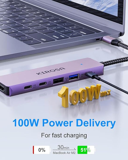 KIROSA USB C Hub: Multiport Adapter for Macbook Pro Air - 9IN1 USBC to HDMI Hub Dongle - Travel USB-C Docking Station for Laptops and Type C Devices (4K HDMI 100W PD USB3.0 SD/TF Card Reader)