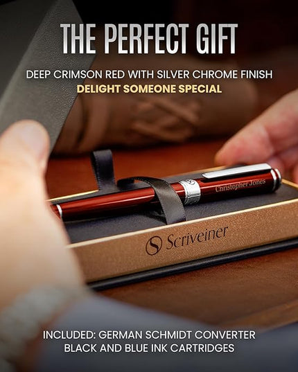 Scriveiner Personalized Deep Crimson Red Pen - Stunning Red Lacquer Luxury Pen with Chrome FinishGerman Schmidt Nib (Medium), Best Engraved Fountain Pen Gift Set for Men & Women, Name Engraving