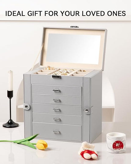 Frebeauty Large Jewelry Box,6-Tier PU Leather Jewelry Organizer,Multi-functional Storage Case with Mirror,Accessories Holder with 5 Drawers for Necklace Bracelets Watches(Grey)